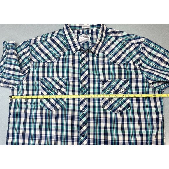 7 Diamonds Shirt Mens XXL Pearl Snap Short Sleeve Plaid Western Retro Green/Blue - Picture 15 of 15